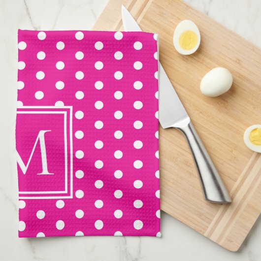 Preppy White Polka Dots op Helder Roze Monogram Theedoek (Quarter Fold)