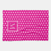 Preppy White Polka Dots op Helder Roze Monogram Theedoek (Horizontaal)