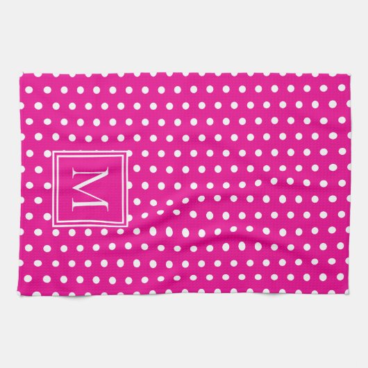 Preppy White Polka Dots op Helder Roze Monogram Theedoek (Horizontaal)