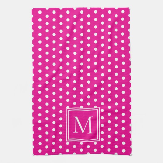 Preppy White Polka Dots op Helder Roze Monogram Theedoek (Verticaal)