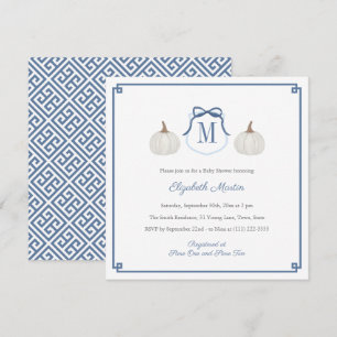 Preppy White Pumpkin Monogram Baby Boy Shower Kaart