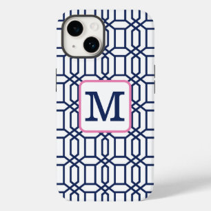 Preppy Wit Blauw Octagon Monogram Initiaal Case-Mate iPhone 14 Hoesje