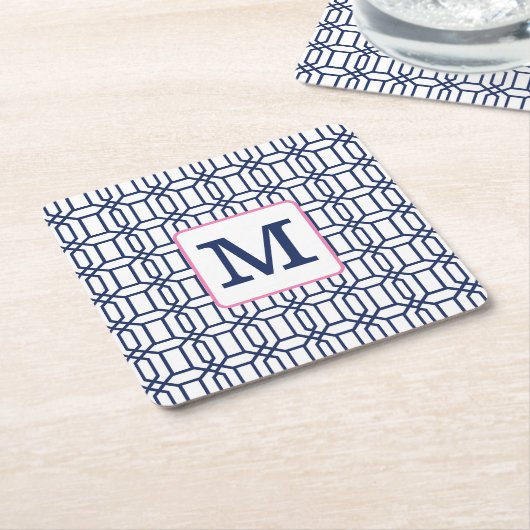 Preppy Wit Blauw Octagon Monogram Initiaal Kartonnen Onderzetters (Schuin)