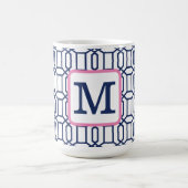 Preppy Wit Blauw Octagon Monogram Initiaal Koffiemok (Center)