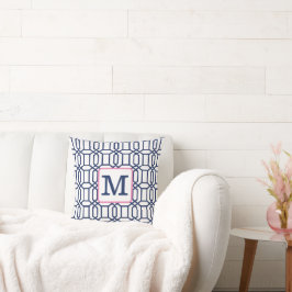 Preppy Wit Blauw Octagon Monogram Initiaal Kussen