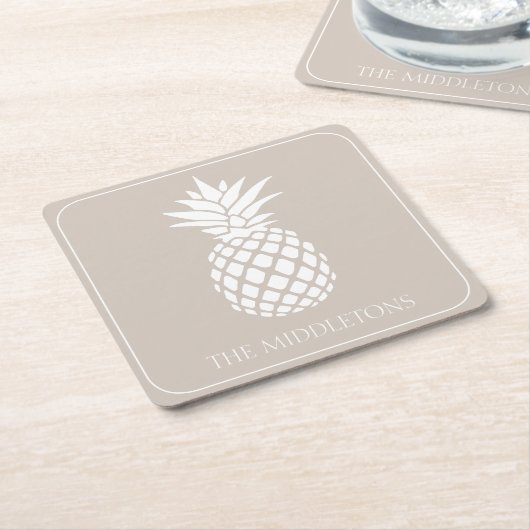 Preppy Witte Ananas op Beige Kartonnen Onderzetters (Schuin)