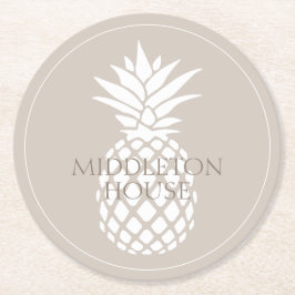 Preppy Witte Ananas op Beige Persoonlijk Ronde Kartonnen Onderzetter