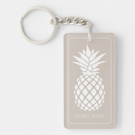 Preppy Witte Ananas op Beige Sleutelhanger (Voorkant)