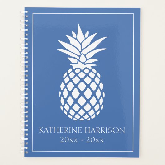 Preppy Witte Ananas op Blauwe Achtergrond Planner (Voorkant)