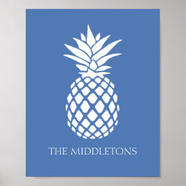 Preppy Witte Ananas op Blauwe Achtergrond Poster