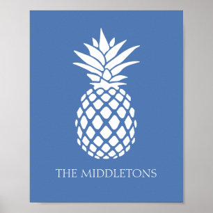 Preppy Witte Ananas op Blauwe Achtergrond Poster