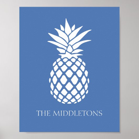 Preppy Witte Ananas op Blauwe Achtergrond Poster (Voorkant)