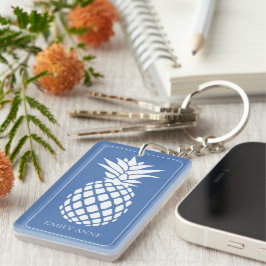 Preppy Witte Ananas op Blauwe Achtergrond Sleutelhanger