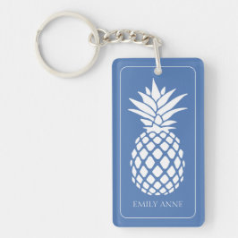 Preppy Witte Ananas op Blauwe Achtergrond Sleutelhanger