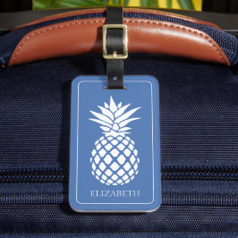 Preppy Witte Ananas op Blauwe Ondergrond Bagagelabel