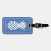 Preppy Witte Ananas op Blauwe Ondergrond Bagagelabel (Voorkant horizontaal)
