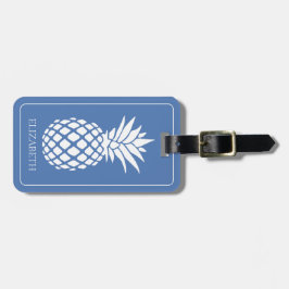 Preppy Witte Ananas op Blauwe Ondergrond Bagagelabel