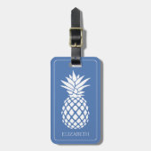 Preppy Witte Ananas op Blauwe Ondergrond Bagagelabel (Voorkant verticaal)