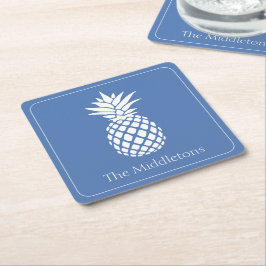 Preppy Witte Ananas op Blauwe Ondergrond Kartonnen Onderzetters