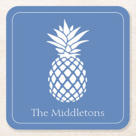 Preppy Witte Ananas op Blauwe Ondergrond Kartonnen Onderzetters