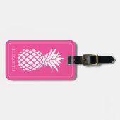 Preppy Witte Ananas op Roze Bagagelabel (Voorkant horizontaal)