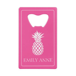 Preppy Witte Ananas op Roze Creditkaart Flessenopener