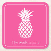 Preppy Witte Ananas op Roze Kartonnen Onderzetters (Voorkant)