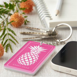 Preppy Witte Ananas op Roze Sleutelhanger