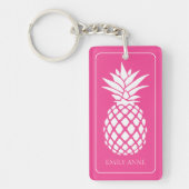 Preppy Witte Ananas op Roze Sleutelhanger (Voorkant)