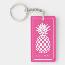 Preppy Witte Ananas op Roze Sleutelhanger