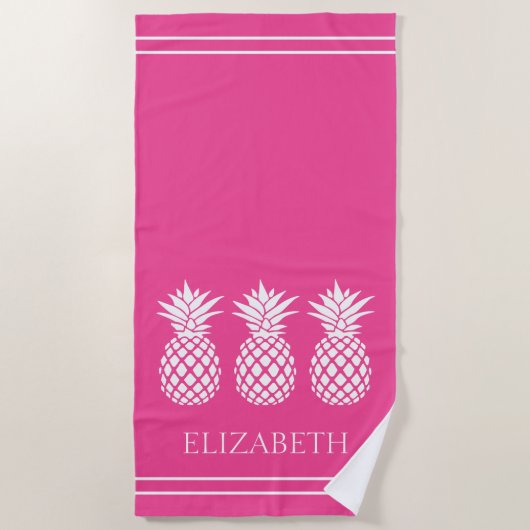Preppy Witte Ananas op Roze Strandlaken (Voorkant)