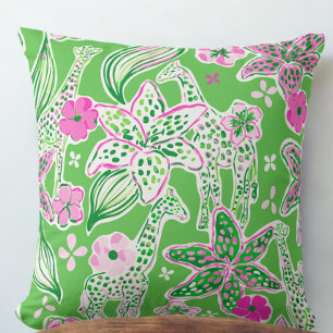 Preppy Witte Giraffen Roze Bloemen Lime Groen Kussen