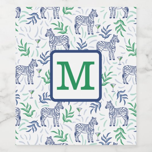 Preppy Witte Zebra Martinis Groen Monogram Wijn Etiket (Enkel label)