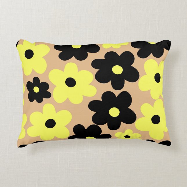 Preppy Yellow Black Hippie Flower Pattern Accent Kussen (Voorkant)