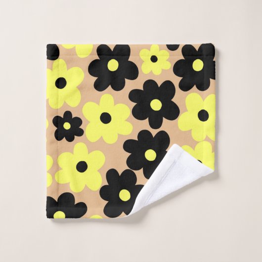 Preppy Yellow Black Hippie Flower Pattern Bad Handdoek (Wasdoekje)