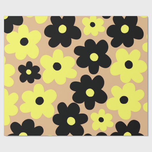 Preppy Yellow Black Hippie Flower Pattern Cadeaupapier (Vlak)