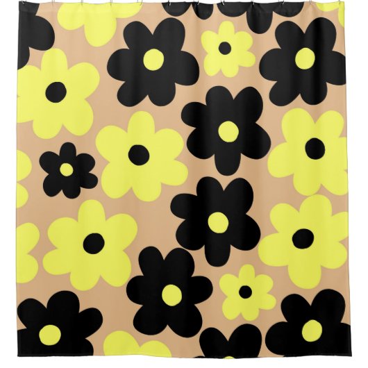 Preppy Yellow Black Hippie Flower Pattern Douchegordijn (Voorkant)