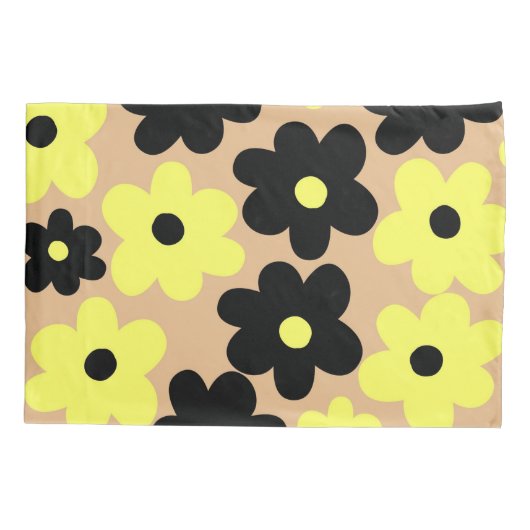 Preppy Yellow Black Hippie Flower Pattern Kussensloop (Achterkant)