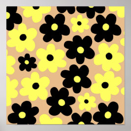 Preppy Yellow Black Hippie Flower Pattern Poster