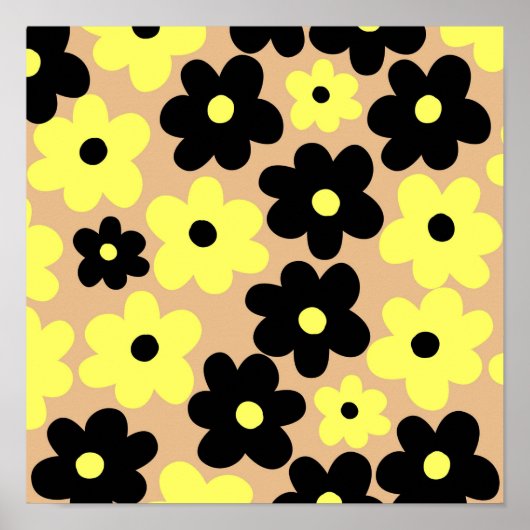 Preppy Yellow Black Hippie Flower Pattern Poster (Voorkant)