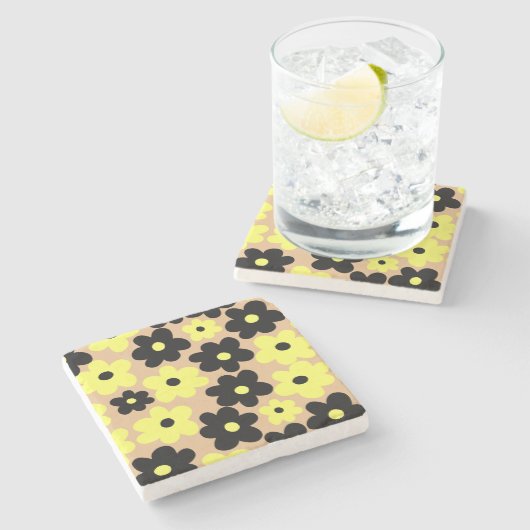 Preppy Yellow Black Hippie Flower Pattern Stenen Onderzetter (Zijkant)