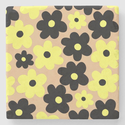 Preppy Yellow Black Hippie Flower Pattern Stenen Onderzetter (Voorkant)