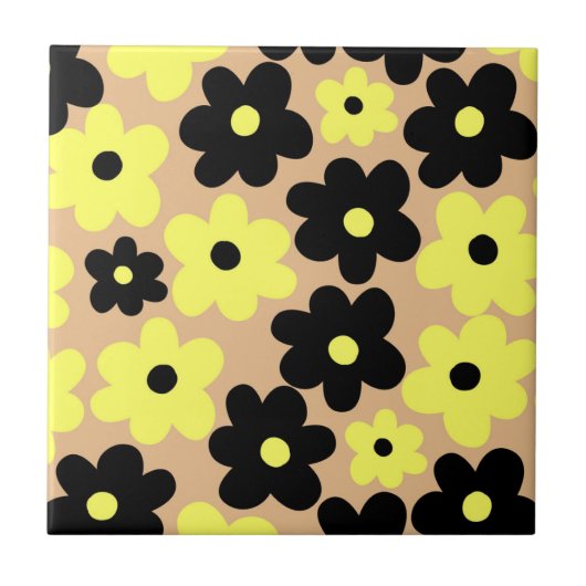 Preppy Yellow Black Hippie Flower Pattern Tegeltje (Voorkant)