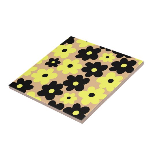 Preppy Yellow Black Hippie Flower Pattern Tegeltje (Zijkant)