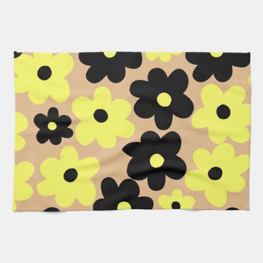 Preppy Yellow Black Hippie Flower Pattern Theedoek (Horizontaal)