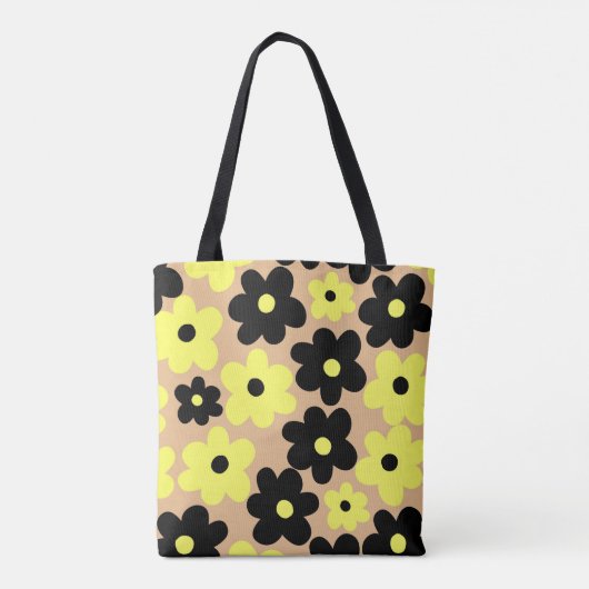 Preppy Yellow Black Hippie Flower Pattern Tote Bag (Achterkant)