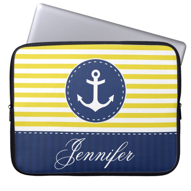 Preppy Yellow Navy Nautical Anchor Custom Name Laptop Sleeve (Voorkant)