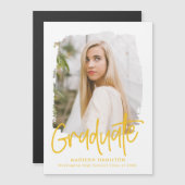 Preppy Yellow Script Photo Afstuderen Magnetische Uitnodiging (Voorkant / Achterkant)