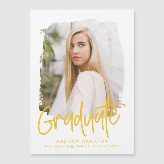 Preppy Yellow Script Photo Afstuderen Magnetische Uitnodiging (Voorkant)