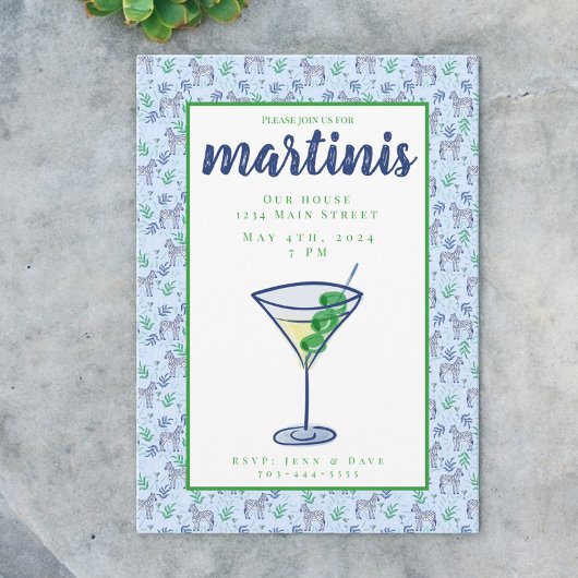 Preppy Zebra Martini Blauwe Martini Feestje Kaart